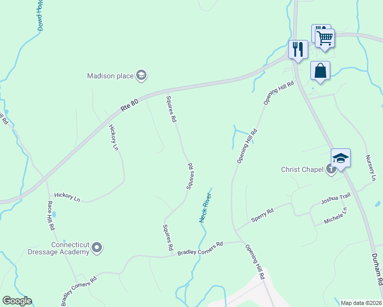 map of restaurants, bars, coffee shops, grocery stores, and more near 106 Squires Road in Madison