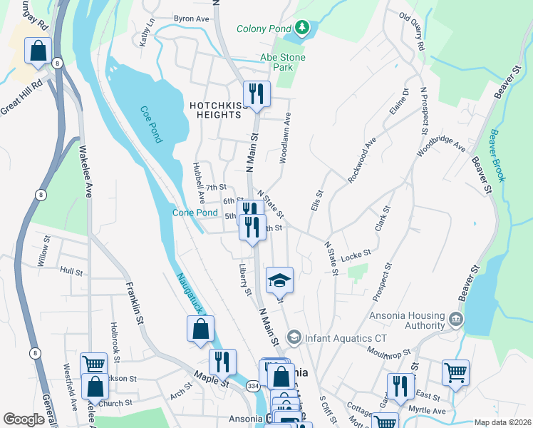 map of restaurants, bars, coffee shops, grocery stores, and more near 62 5th Street in Ansonia
