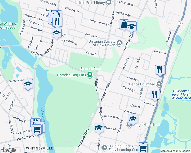 map of restaurants, bars, coffee shops, grocery stores, and more near 325 Waite Street in Hamden