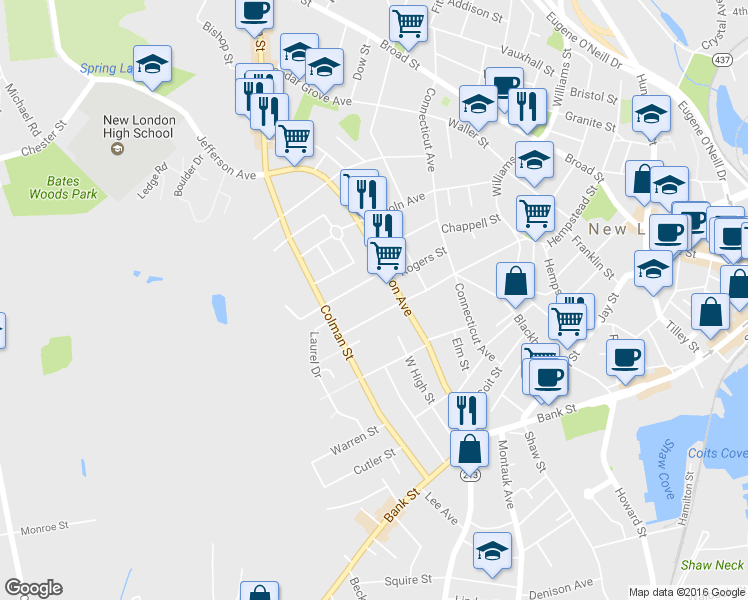 map of restaurants, bars, coffee shops, grocery stores, and more near 135 Garfield Avenue in New London