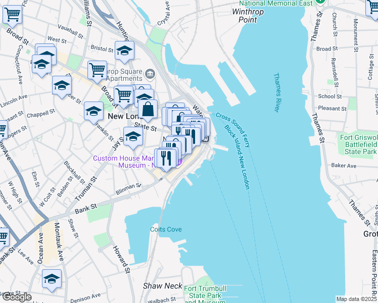 map of restaurants, bars, coffee shops, grocery stores, and more near 47 Bank Street in New London