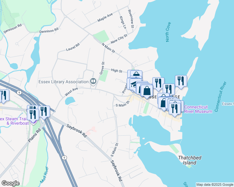 map of restaurants, bars, coffee shops, grocery stores, and more near 22 Prospect Street in Essex