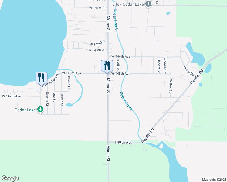 map of restaurants, bars, coffee shops, grocery stores, and more near 14603 Morse St in Cedar Lake