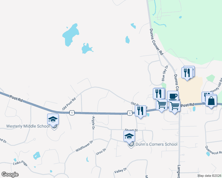 map of restaurants, bars, coffee shops, grocery stores, and more near 64 Old Post Road in Westerly