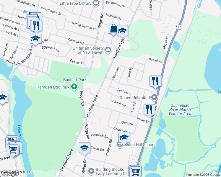 map of restaurants, bars, coffee shops, grocery stores, and more near 17 Hesse Road in Hamden