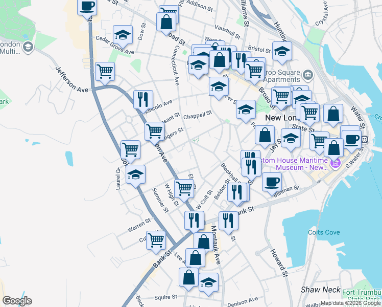 map of restaurants, bars, coffee shops, grocery stores, and more near 74 Connecticut Avenue in New London