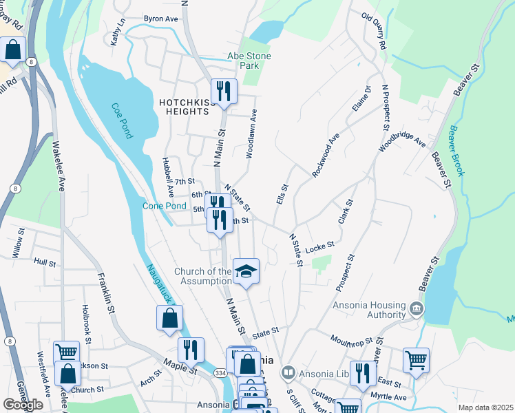 map of restaurants, bars, coffee shops, grocery stores, and more near 228 1/2 North State Street in Ansonia