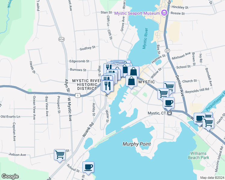 map of restaurants, bars, coffee shops, grocery stores, and more near 7 Water Street in Groton