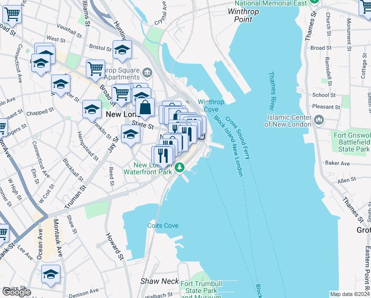 map of restaurants, bars, coffee shops, grocery stores, and more near 47 Bank Street in New London