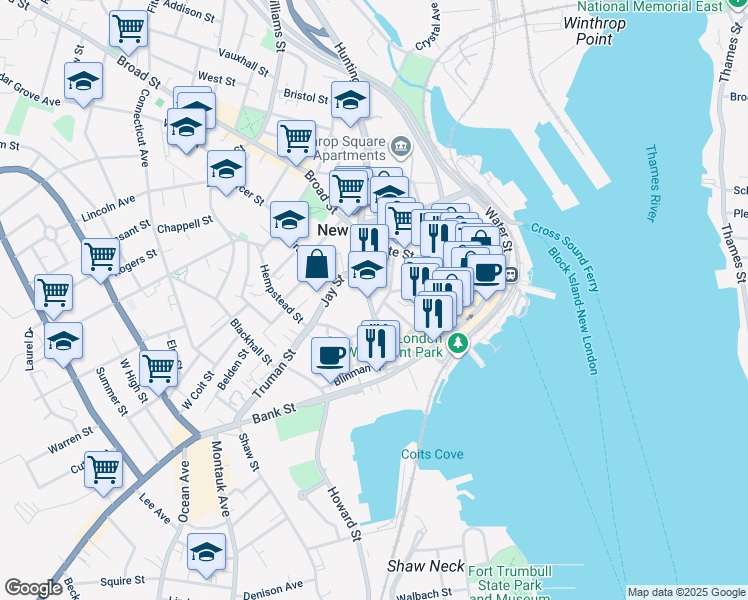 map of restaurants, bars, coffee shops, grocery stores, and more near in New London