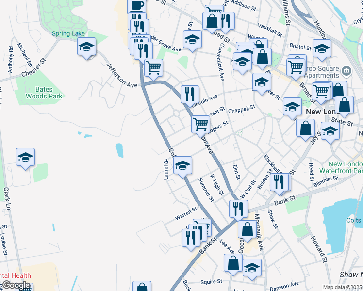 map of restaurants, bars, coffee shops, grocery stores, and more near 40 Walden Avenue in New London