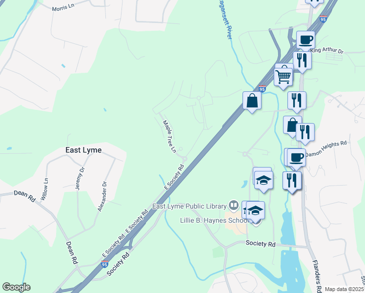 map of restaurants, bars, coffee shops, grocery stores, and more near 1 Maple Tree Lane in East Lyme