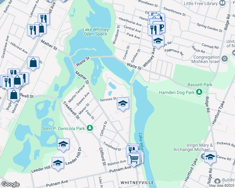 map of restaurants, bars, coffee shops, grocery stores, and more near 1450 Whitney Avenue in Hamden