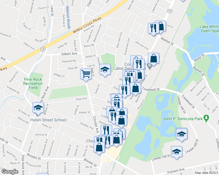 map of restaurants, bars, coffee shops, grocery stores, and more near 68 Church Street in Hamden