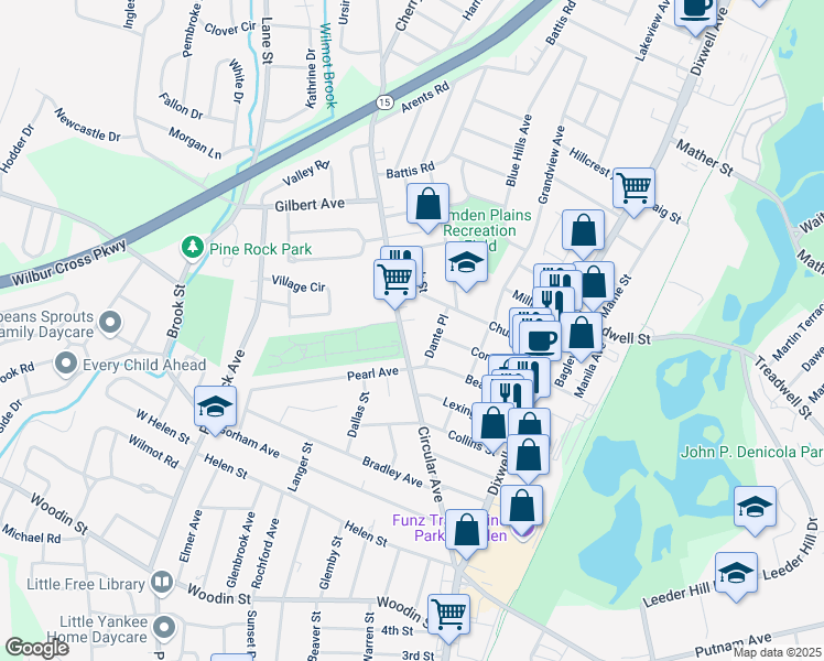 map of restaurants, bars, coffee shops, grocery stores, and more near 265 Circular Avenue in Hamden