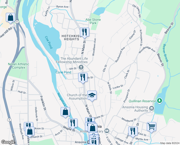 map of restaurants, bars, coffee shops, grocery stores, and more near 251 North State Street in Ansonia