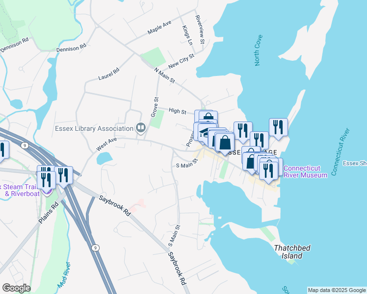 map of restaurants, bars, coffee shops, grocery stores, and more near 34 Prospect Street in Essex