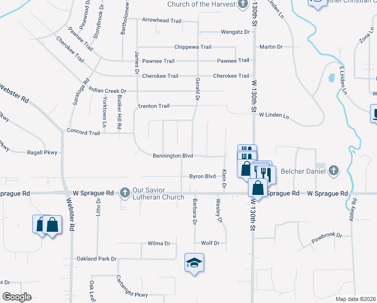 map of restaurants, bars, coffee shops, grocery stores, and more near 13604 Bennington Boulevard in Middleburg Heights