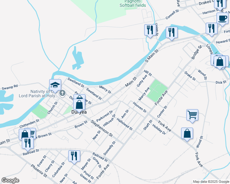 map of restaurants, bars, coffee shops, grocery stores, and more near 805 Main Street in Duryea