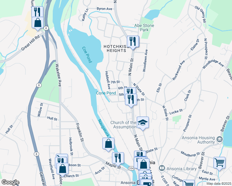 map of restaurants, bars, coffee shops, grocery stores, and more near 53 Star Street in Ansonia