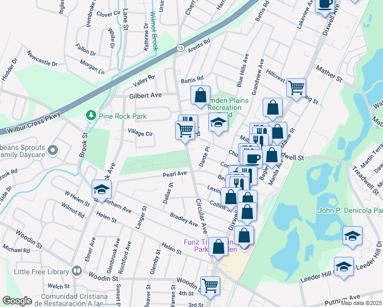 map of restaurants, bars, coffee shops, grocery stores, and more near 265 Circular Avenue in Hamden