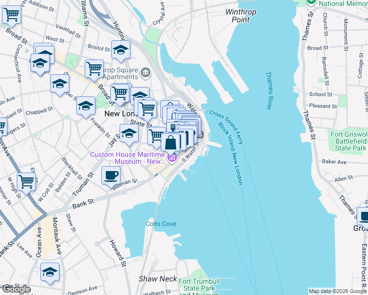 map of restaurants, bars, coffee shops, grocery stores, and more near 47 Bank Street in New London