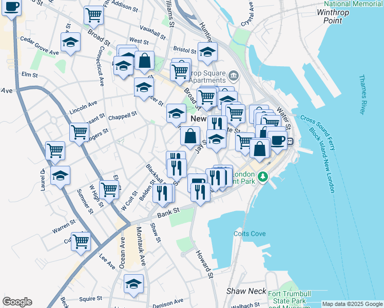 map of restaurants, bars, coffee shops, grocery stores, and more near 16 Hempstead Court in New London