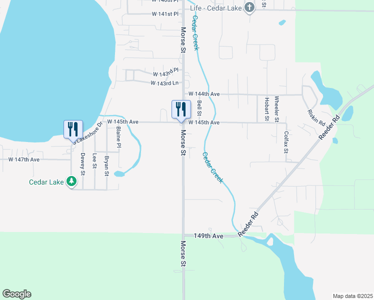 map of restaurants, bars, coffee shops, grocery stores, and more near 14603 Morse Street in Cedar Lake
