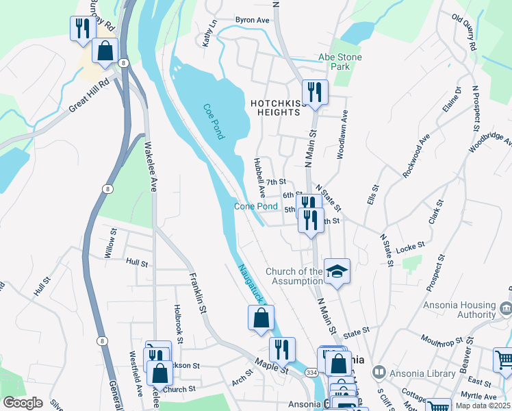 map of restaurants, bars, coffee shops, grocery stores, and more near 34 North 4th Street in Ansonia