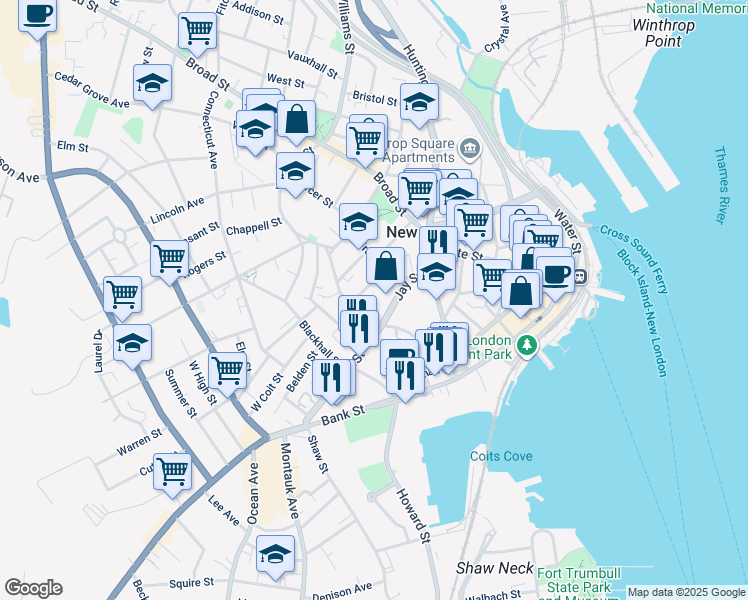 map of restaurants, bars, coffee shops, grocery stores, and more near 16 Hempstead Court in New London