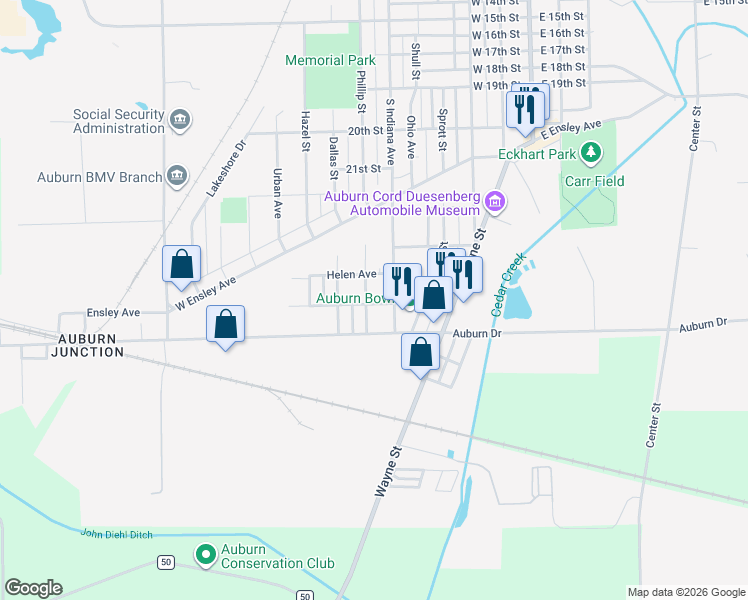 map of restaurants, bars, coffee shops, grocery stores, and more near 1805 South Indiana Avenue in Auburn