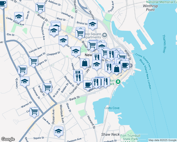 map of restaurants, bars, coffee shops, grocery stores, and more near 42 Jay Street in New London