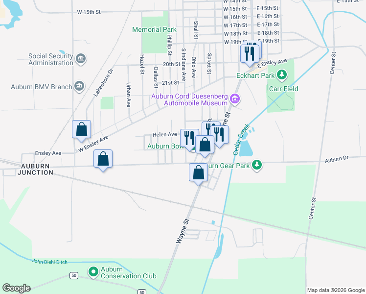 map of restaurants, bars, coffee shops, grocery stores, and more near 1805 South Indiana Avenue in Auburn