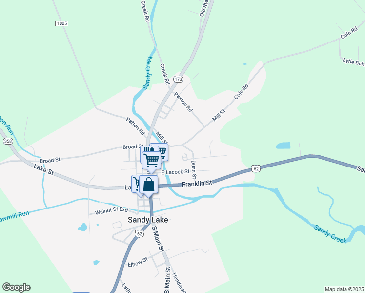 map of restaurants, bars, coffee shops, grocery stores, and more near 340 Dunn Street in Sandy Lake