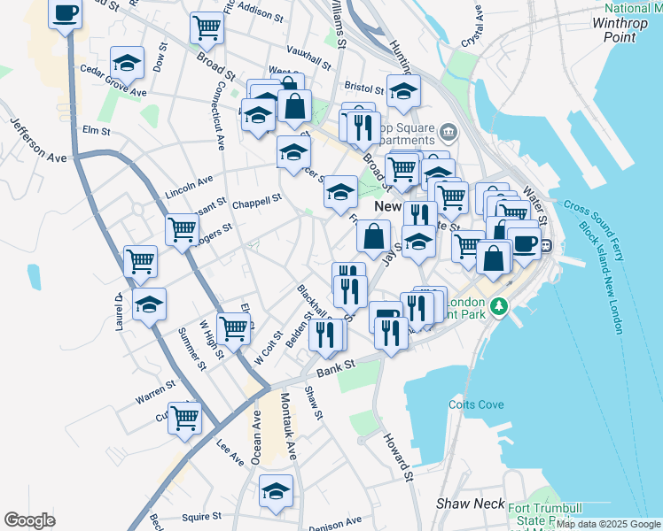 map of restaurants, bars, coffee shops, grocery stores, and more near 46 Hempstead Street in New London