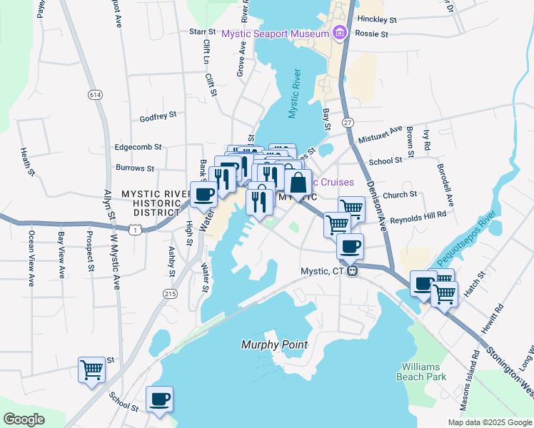 map of restaurants, bars, coffee shops, grocery stores, and more near 27 Cottrell Street in Stonington