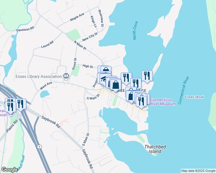 map of restaurants, bars, coffee shops, grocery stores, and more near 15A Main Street in Essex