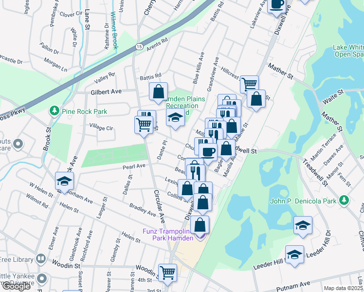 map of restaurants, bars, coffee shops, grocery stores, and more near 68 Church Street in Hamden
