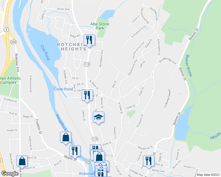 map of restaurants, bars, coffee shops, grocery stores, and more near 18 Ells Street in Ansonia