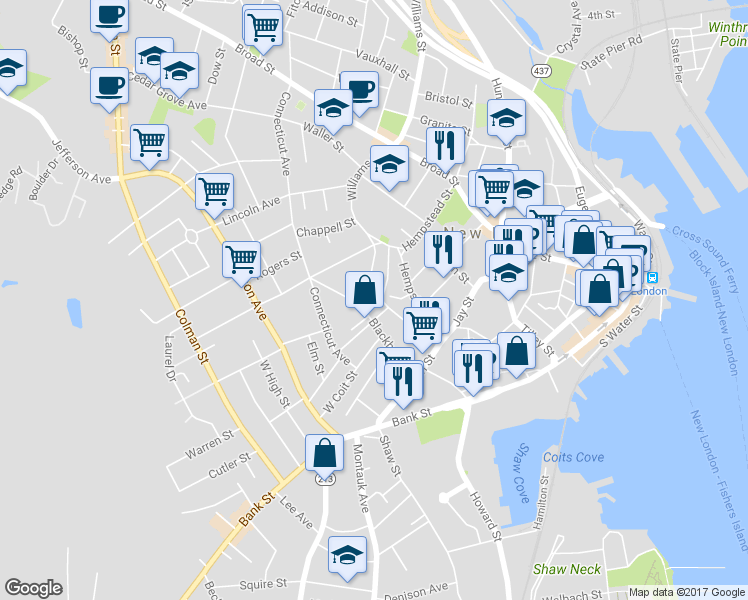 map of restaurants, bars, coffee shops, grocery stores, and more near 7 Bishop Court in New London