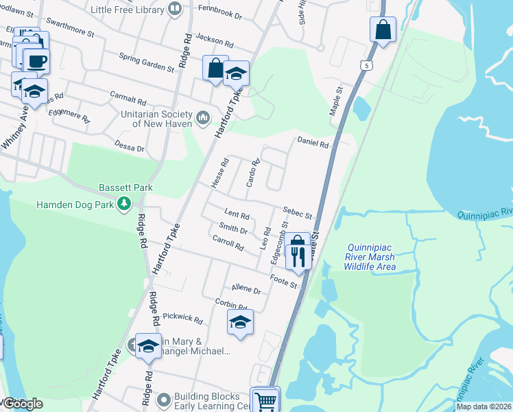 map of restaurants, bars, coffee shops, grocery stores, and more near 104 Sebec Street in Hamden