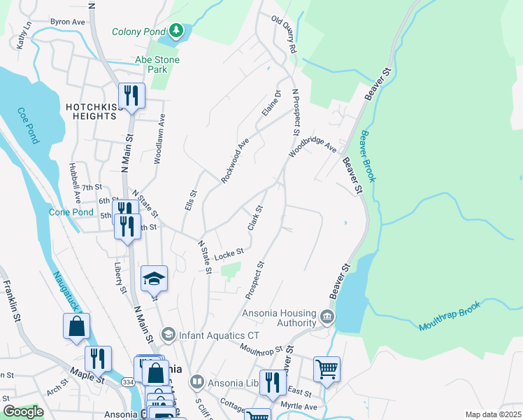 map of restaurants, bars, coffee shops, grocery stores, and more near 46 Clark Street in Ansonia