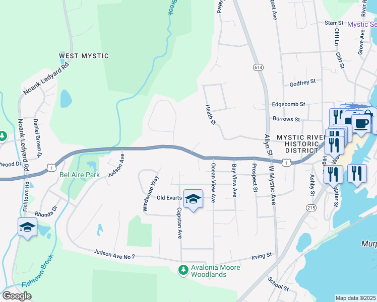 map of restaurants, bars, coffee shops, grocery stores, and more near 80 New London Road in Groton