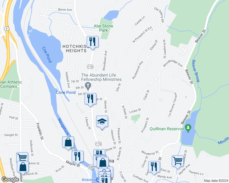 map of restaurants, bars, coffee shops, grocery stores, and more near 25 Ells Street in Ansonia