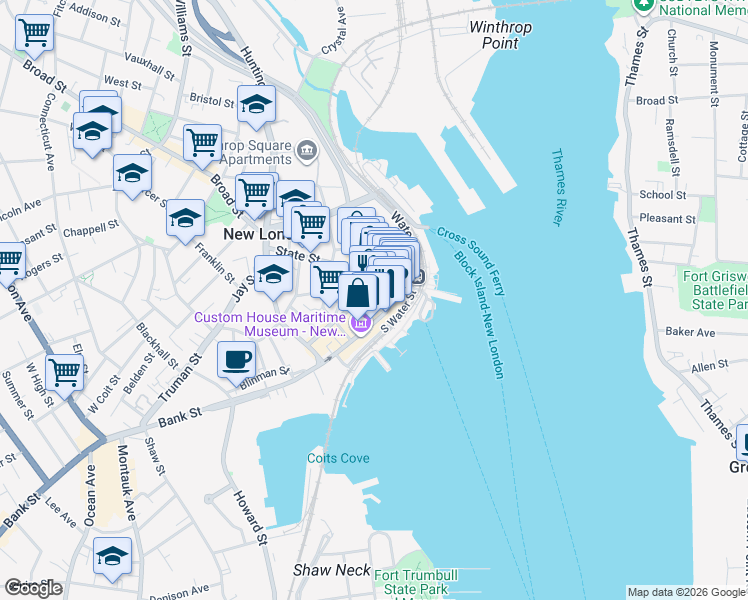 map of restaurants, bars, coffee shops, grocery stores, and more near 29 Golden Street in New London