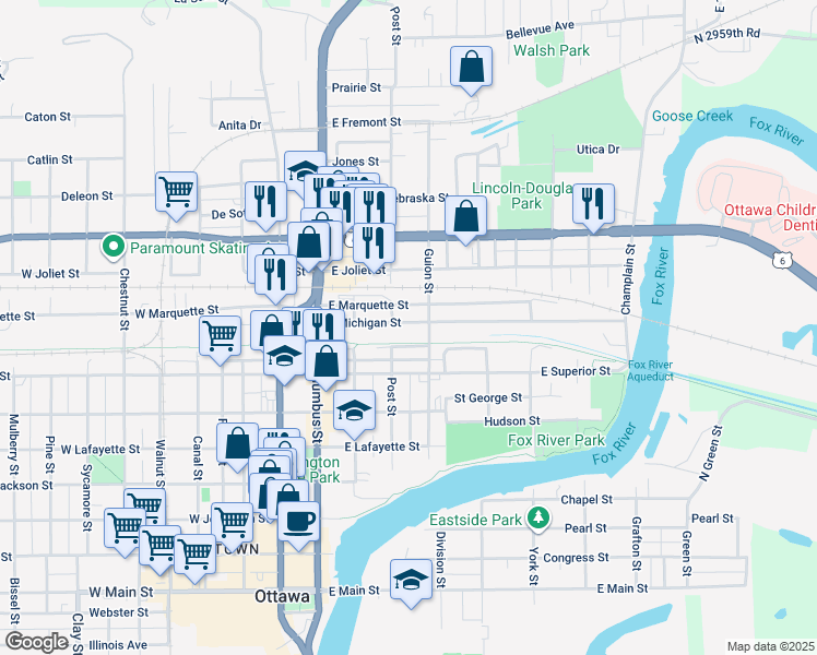 map of restaurants, bars, coffee shops, grocery stores, and more near 315 East Michigan Street in Ottawa