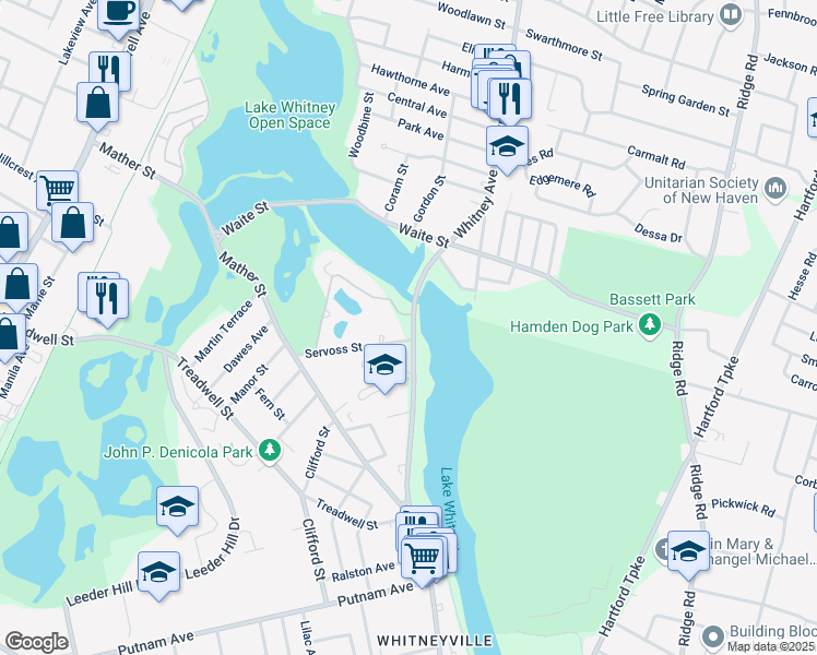 map of restaurants, bars, coffee shops, grocery stores, and more near 1460 Whitney Avenue in Hamden