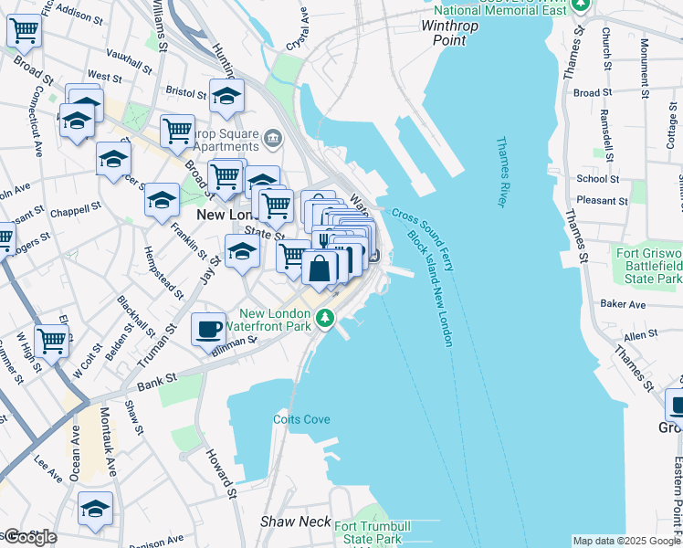 map of restaurants, bars, coffee shops, grocery stores, and more near 45 Bank Street in New London