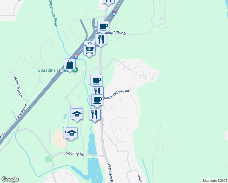 map of restaurants, bars, coffee shops, grocery stores, and more near 14 Damon Heights Road in East Lyme