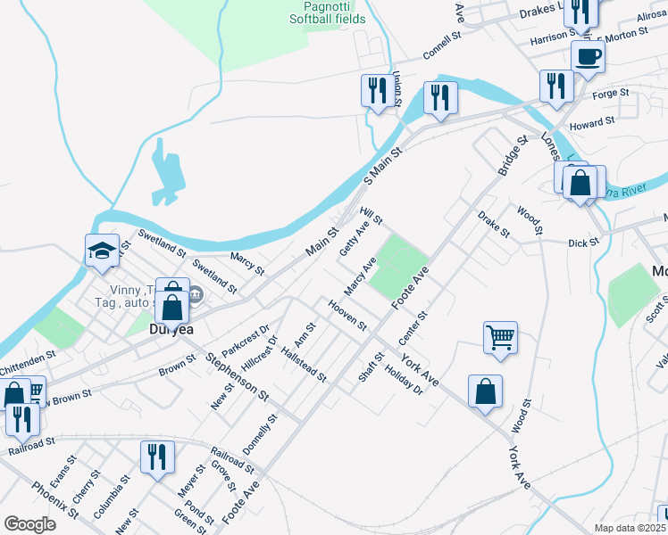 map of restaurants, bars, coffee shops, grocery stores, and more near 408 Foster St in Duryea